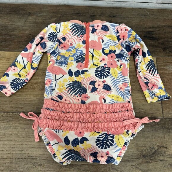 Ruffle Butts Girl’s 18-23 Months UPF 50+ Zip One Piece Swimsuit Flamingos Floral - Picture 4 of 5